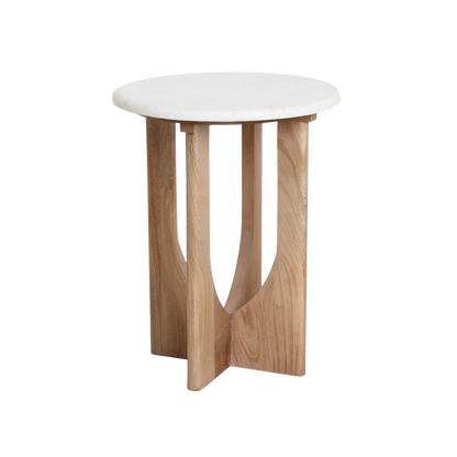 Marble Side Table - White Accent Table, Mango Wood Base, 30x30x50 cm