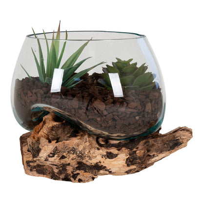 Teakwood Glass Decorative Bowl - Natural Wood & Steel Waterdrop, 15cm