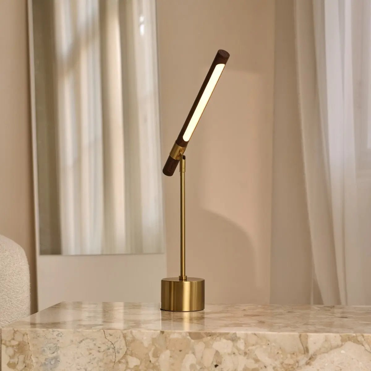 LED Table Lamp - Gold Metal & Wood, Adjustable Scandinavian Desk Light