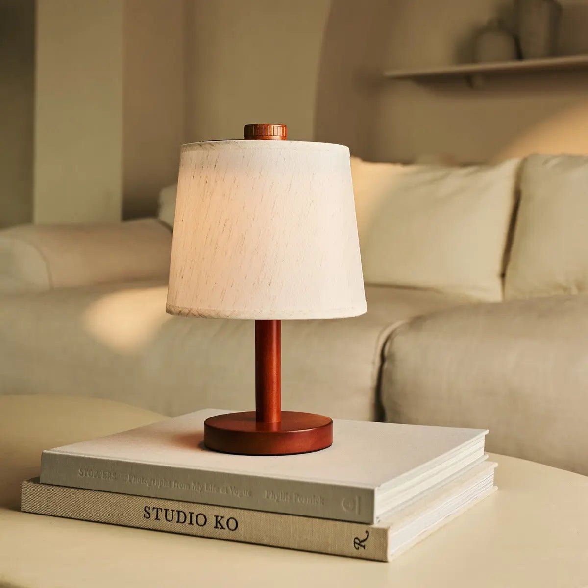Rover Chestnut Brown Wooden Rechargeable Lamp | Cordless, Dimmable & Linen Blend