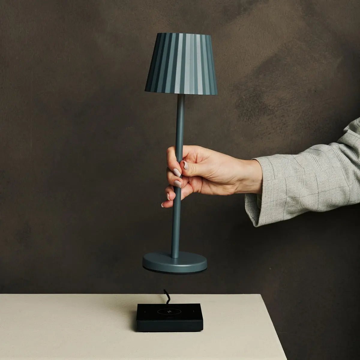 Stone Grey Ribbed Table Lamp - Cordless Rechargeable LED Lamp