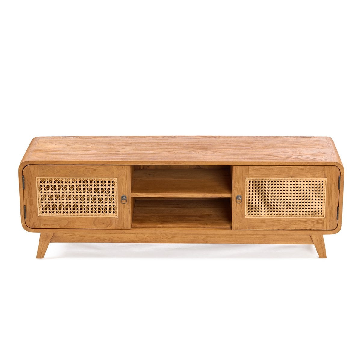 Teak and Rattan TV Stand - Mid-Century Modern Dune Cabinet, Natural