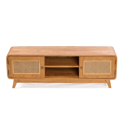 Teak and Rattan TV Stand - Mid-Century Modern Dune Cabinet, Natural