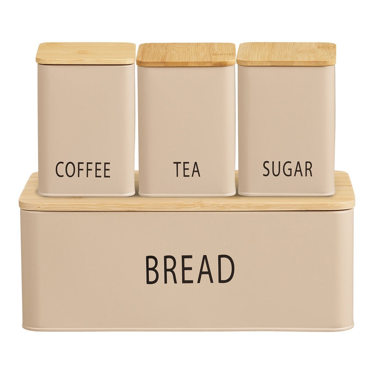 Metal Bamboo Bread Box Set – Beige Bread Storage with 3 Cans