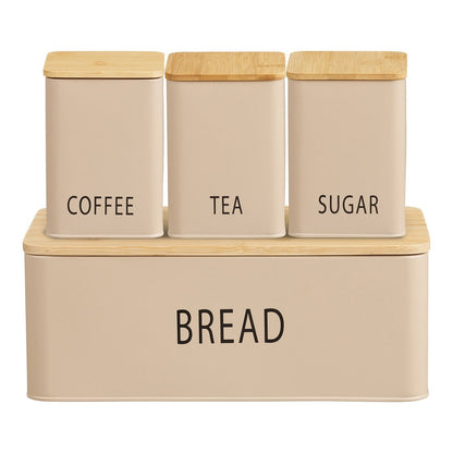 Metal Bamboo Bread Box Set – Beige Bread Storage with 3 Cans