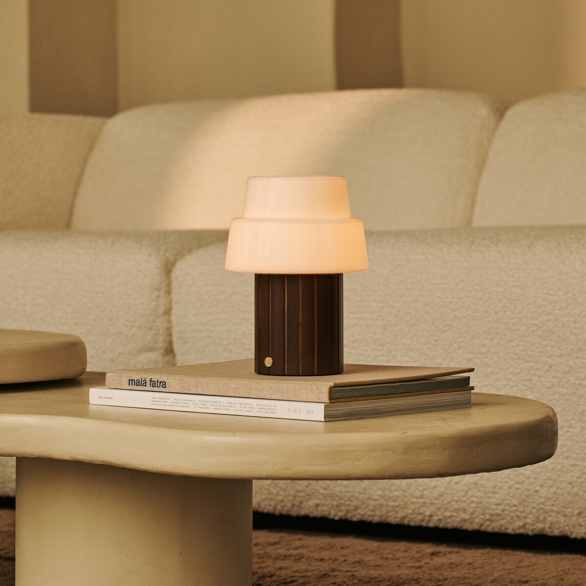 Lio Dark Brown Rechargeable Table Lamp | Cordless, 3 Light Modes & Glass Lampshade