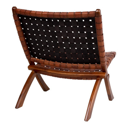 Teak Wood Folding Chair - Brown Leather Seat, 66x74x73 cm