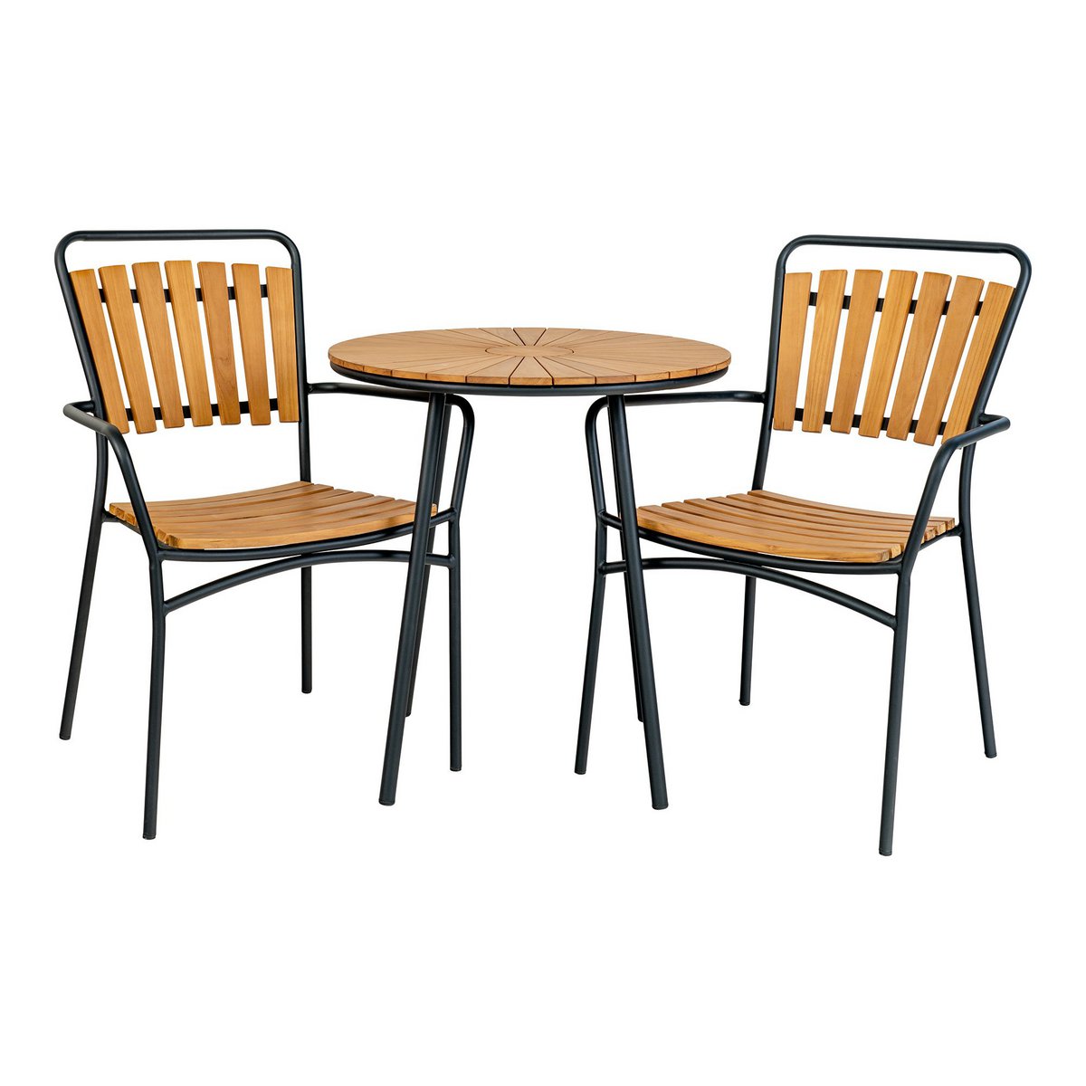Teak Cafe Table - Natural Wood Top, Black Legs - 70x74 cm