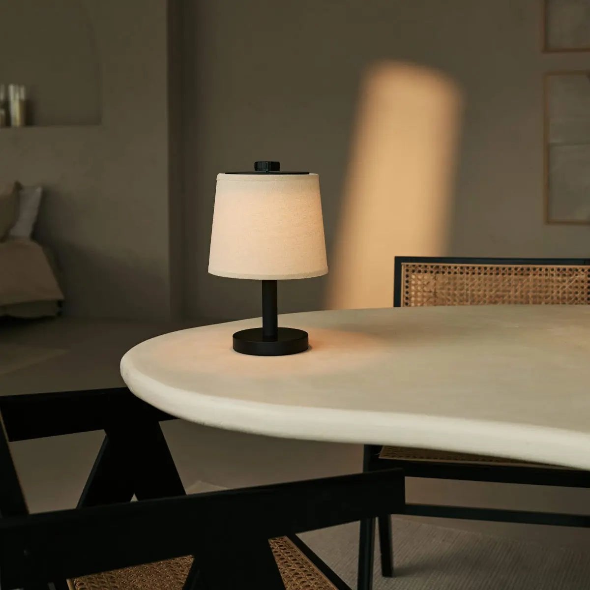 Black Wooden Table Lamp - Cordless Rechargeable Linen Shade
