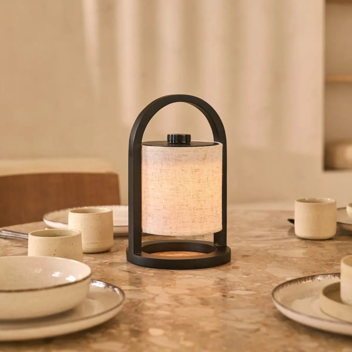 Black Wood Rechargeable Table Lamp | Linen Shade & 100-Hour Battery