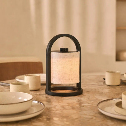 Black Wood Rechargeable Table Lamp | Linen Shade & 100-Hour Battery