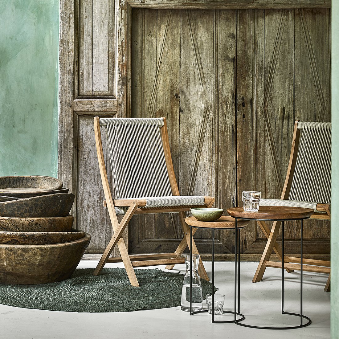 Teak Garden Chair with Rope Seat - Folding Outdoor Chair, Natural
