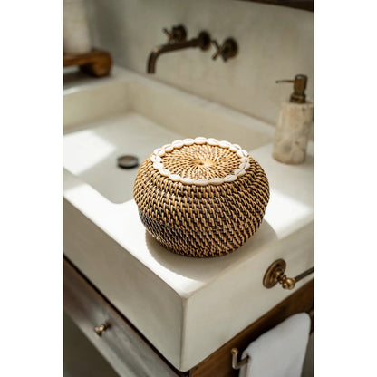 Medium Rattan Basket with Cowrie Shells for Storage