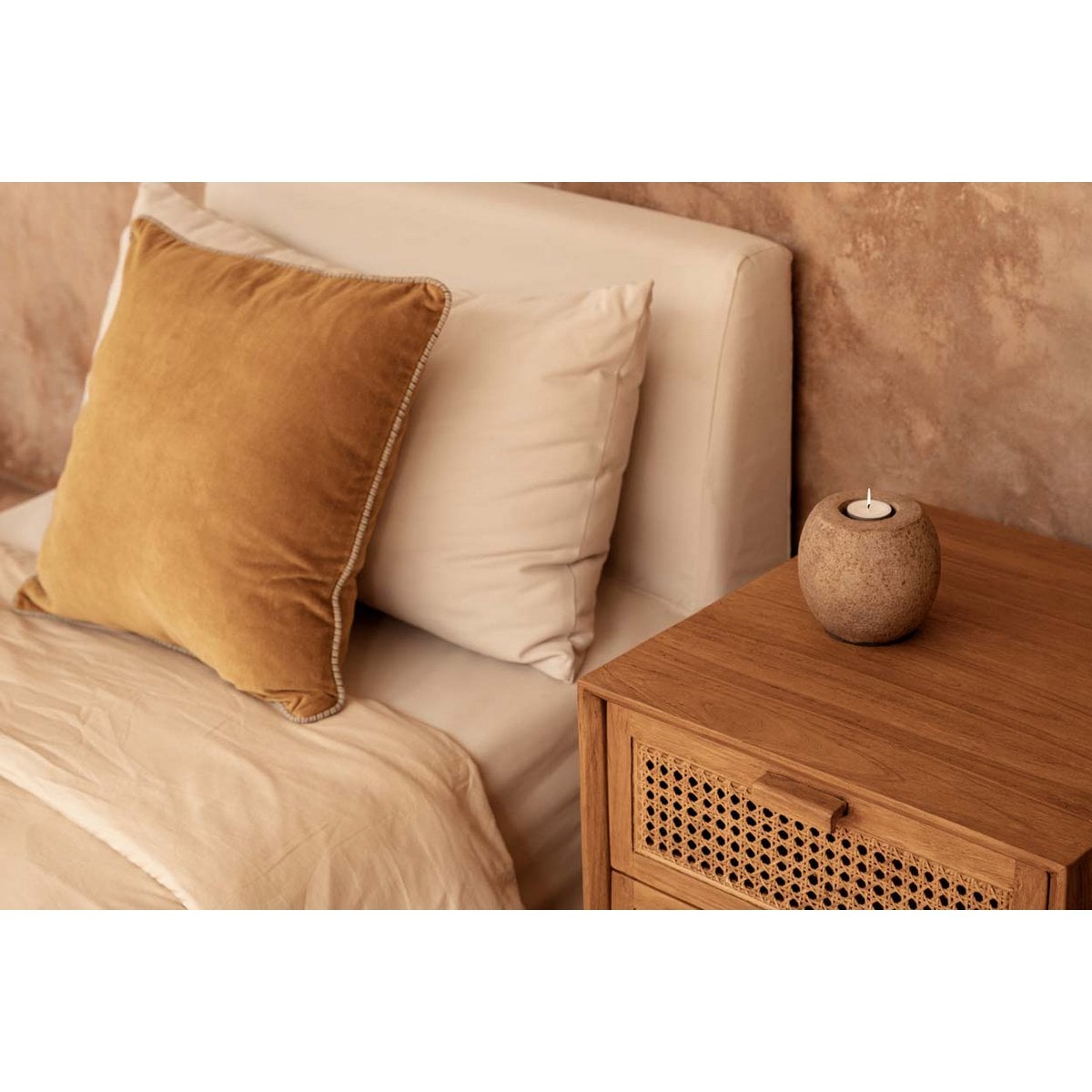 Rattan Nightstand Natural Teak – Woven Bedside Table with Drawers