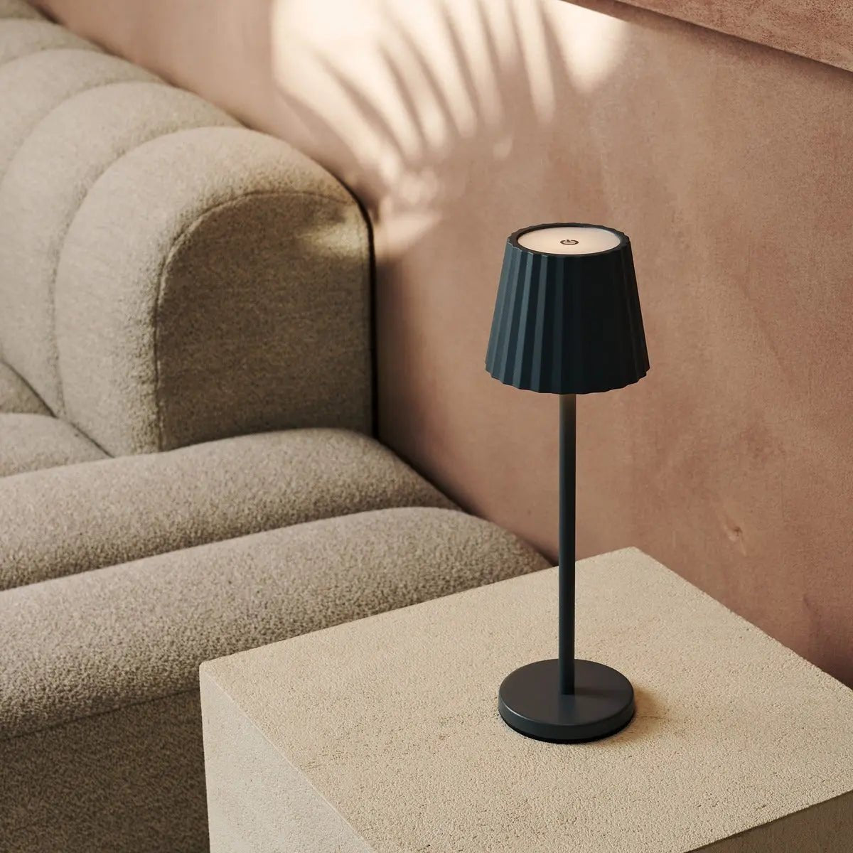 Stone Grey Ribbed Table Lamp - Cordless Rechargeable LED Lamp