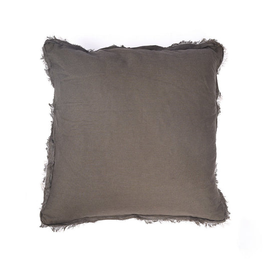 Linen Cushion Cover - Grey Throw Pillow with Fringed Edge, 50x50 cm