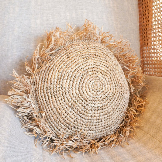 Διακοσμητικό Μαξιλάρι Raffia - Στρογγυλό Boho Μαξιλάρι με Κρόσσια, 40/50 cm