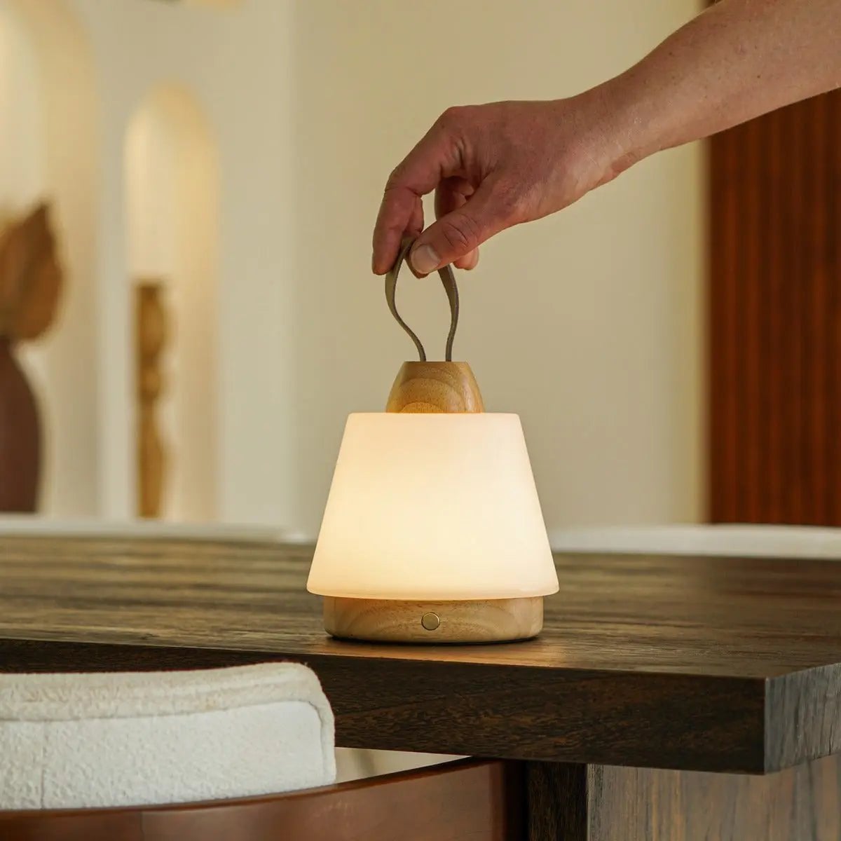 Rechargeable Table Lamp - Brown Wood & Leather, Dimmable