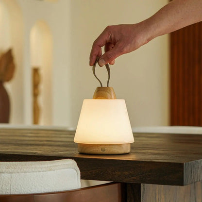 Rechargeable Table Lamp - Brown Wood & Leather, Dimmable