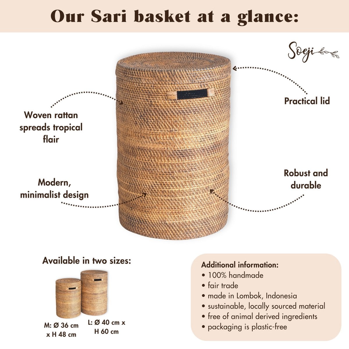 Rattan Laundry Basket with Lid - Boho Woven Storage - Brown