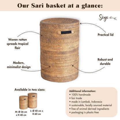 Rattan Laundry Basket with Lid - Boho Woven Storage - Brown