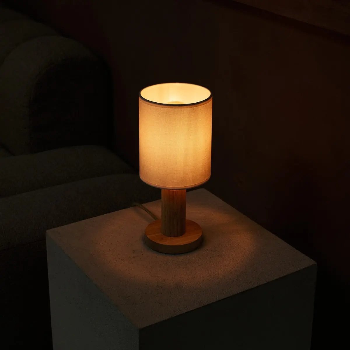Fabric Table Lamp Light Brown Wood | Boris Bedside Reading Lamp