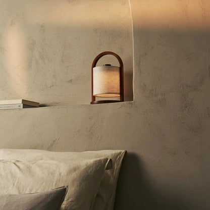 Wooden Rechargeable Table Lamp - Chestnut Brown Linen Blend, 27cm
