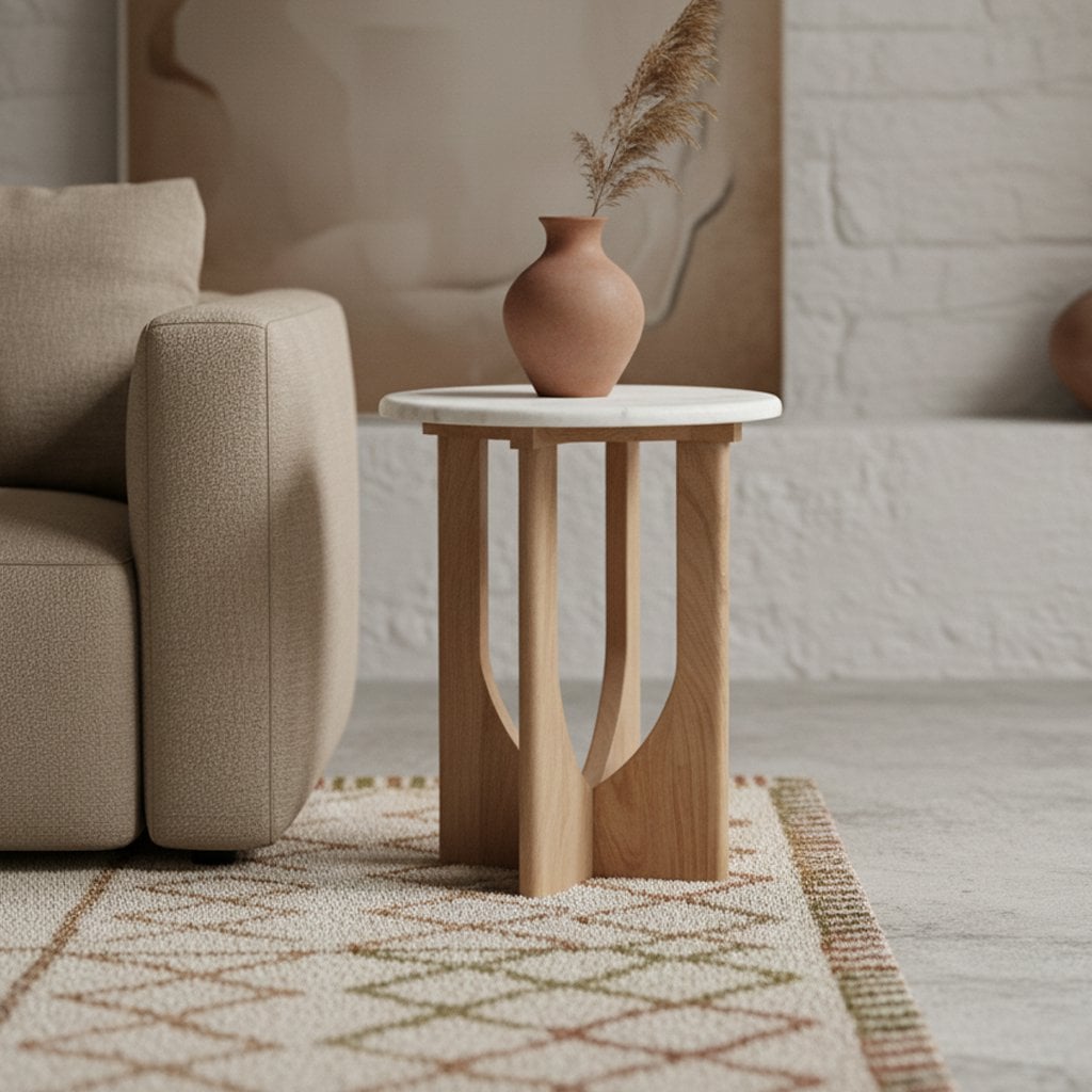 Marble Side Table - White Accent Table, Mango Wood Base, 30x30x50 cm