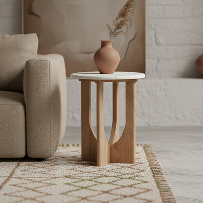 Marble Side Table - White Accent Table, Mango Wood Base, 30x30x50 cm