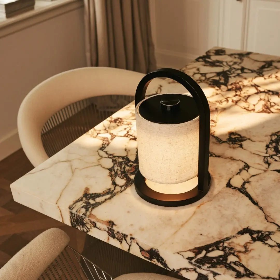 Black Wood Rechargeable Table Lamp | Linen Shade & 100-Hour Battery