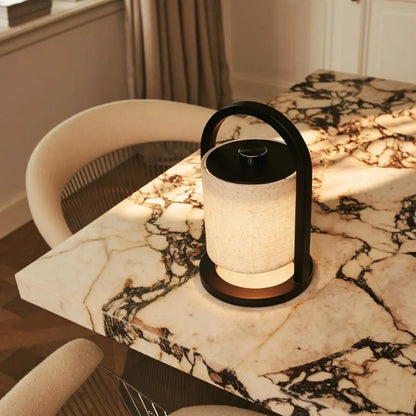 Black Wood Rechargeable Table Lamp | Linen Shade & 100-Hour Battery
