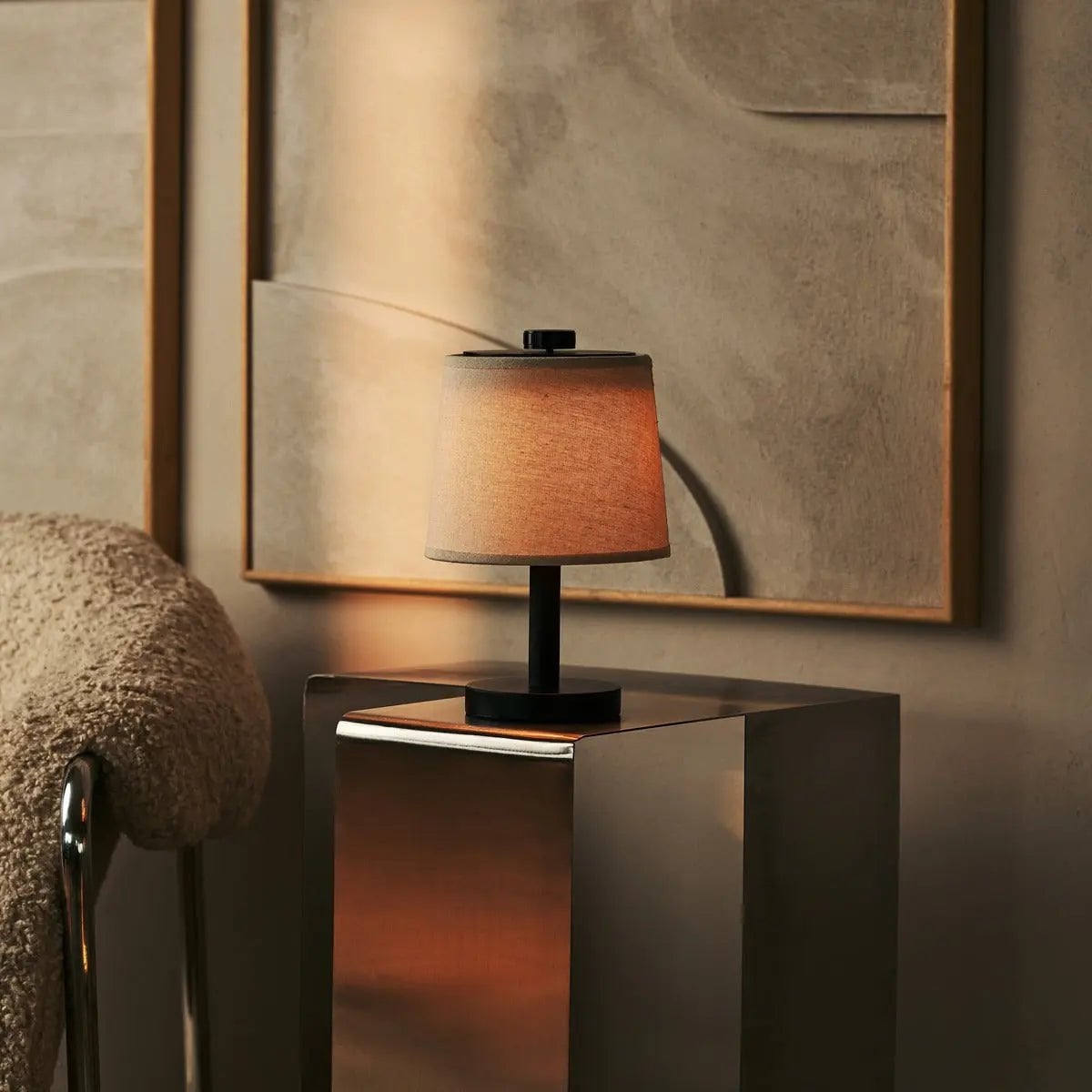 Black Wooden Table Lamp - Cordless Rechargeable Linen Shade