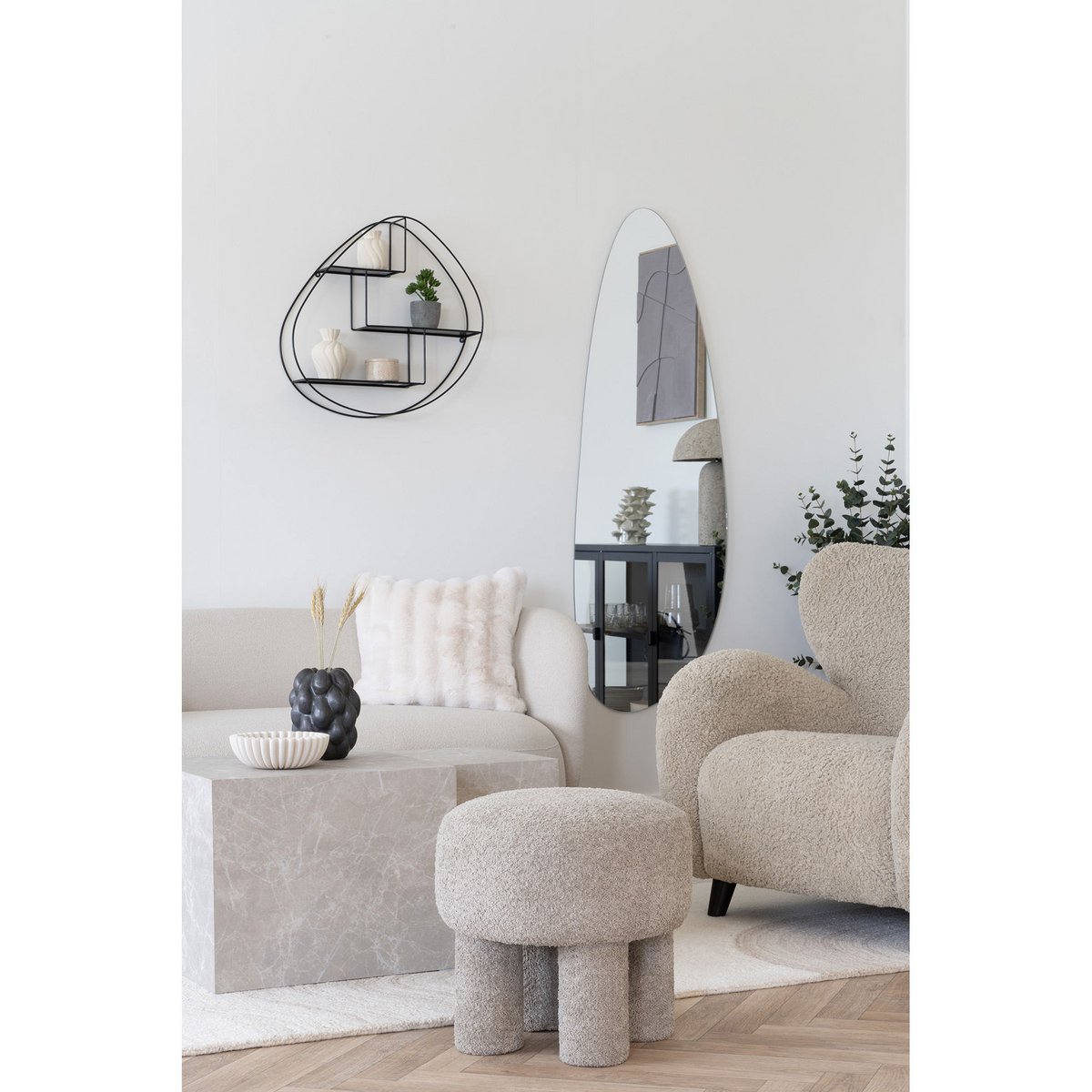 Light Grey Footstool Pouf - Modern Round Ottoman, 43cm