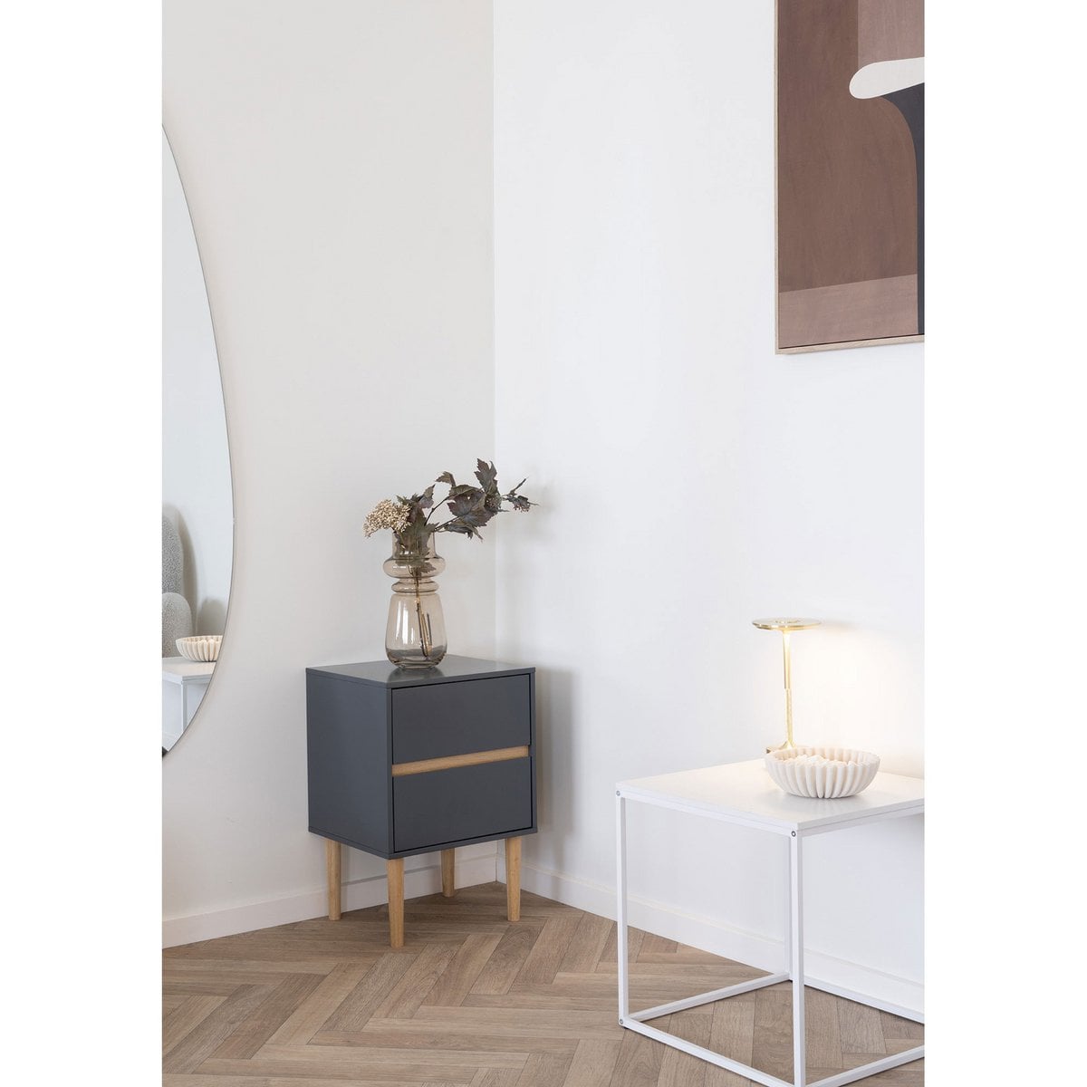 Dark Grey Wood Side Table with 2 Drawers | Bisley