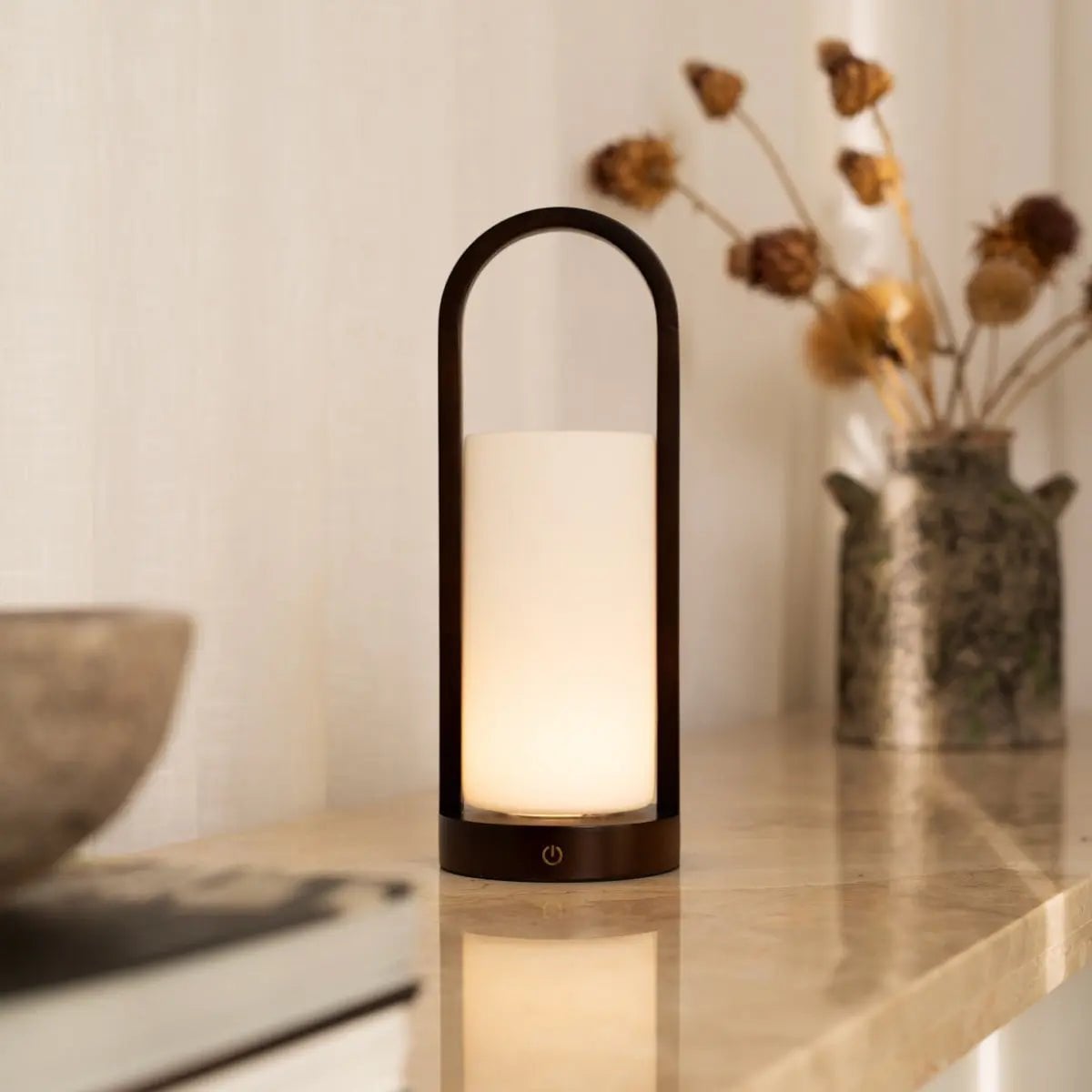 Scandinavian Wooden Table Lamp – Cordless Dimmable LED, Dark Brown