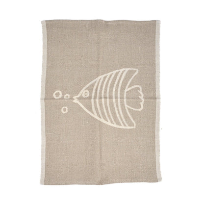 Linen Kitchen Towel - Natural White Fish Design - 50x70