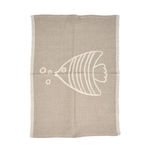 Linen Kitchen Towel - Natural White Fish Design - 50x70