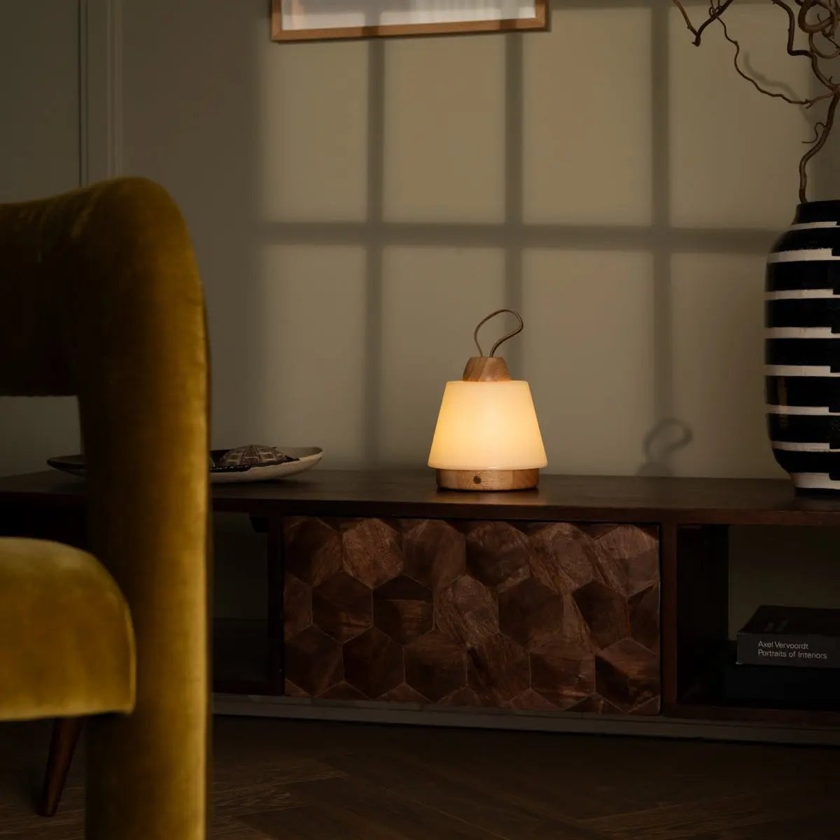 Rechargeable Table Lamp - Brown Wood & Leather, Dimmable