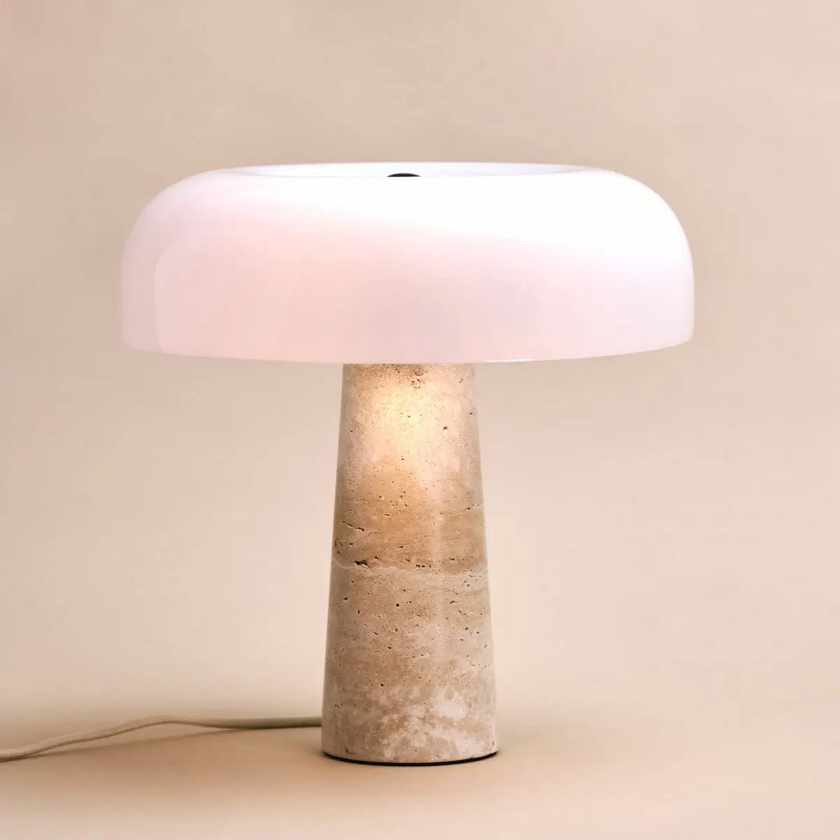 Travertine Table Lamp with Glass Shade - Elegant Natural Stone Design