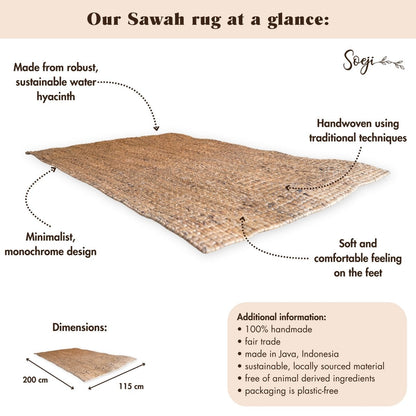 Water Hyacinth Area Rug - Square Boho Brown Rug, 180x115 cm