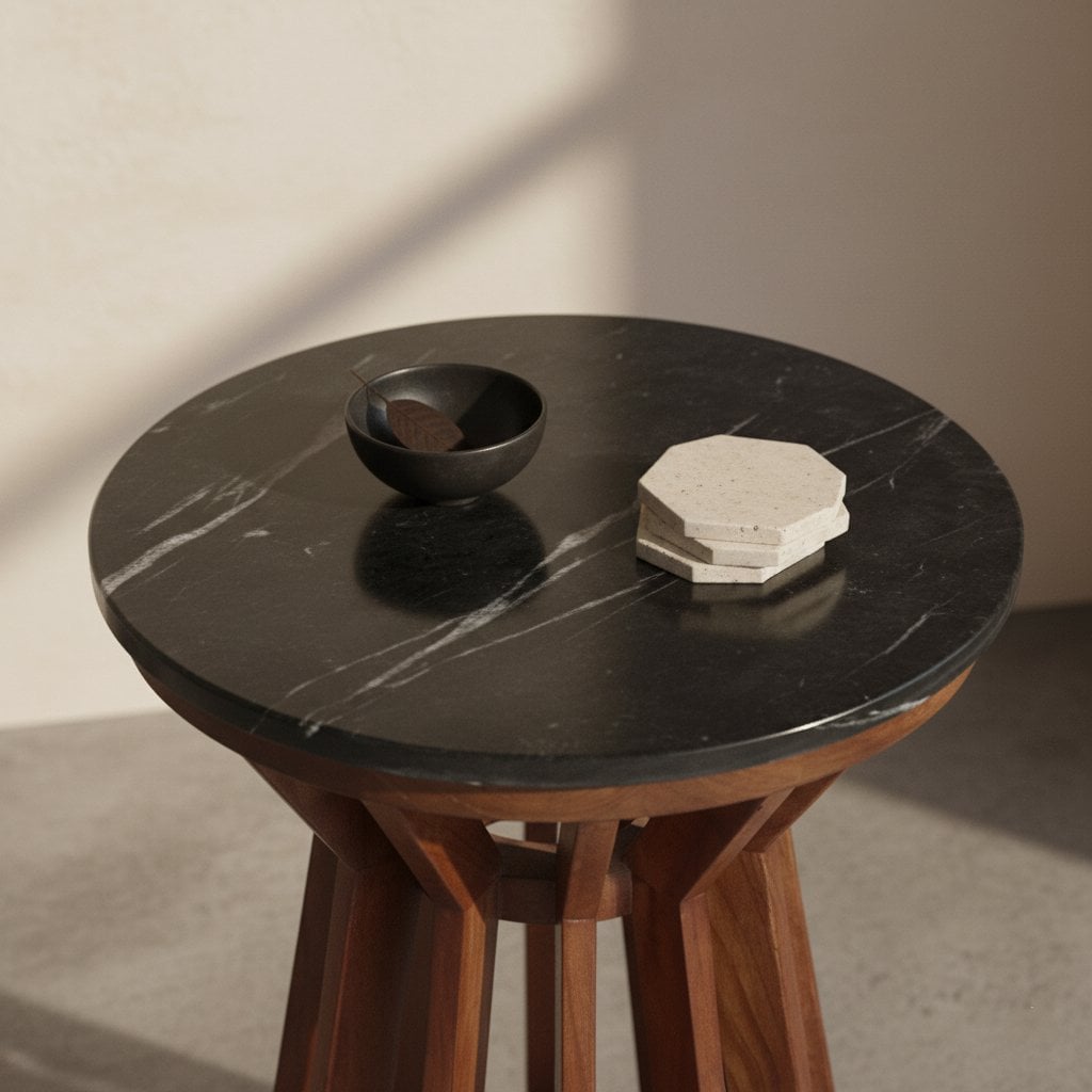 Marble Side Table - Black Mango Wood Accent Table, 40x40x50 cm