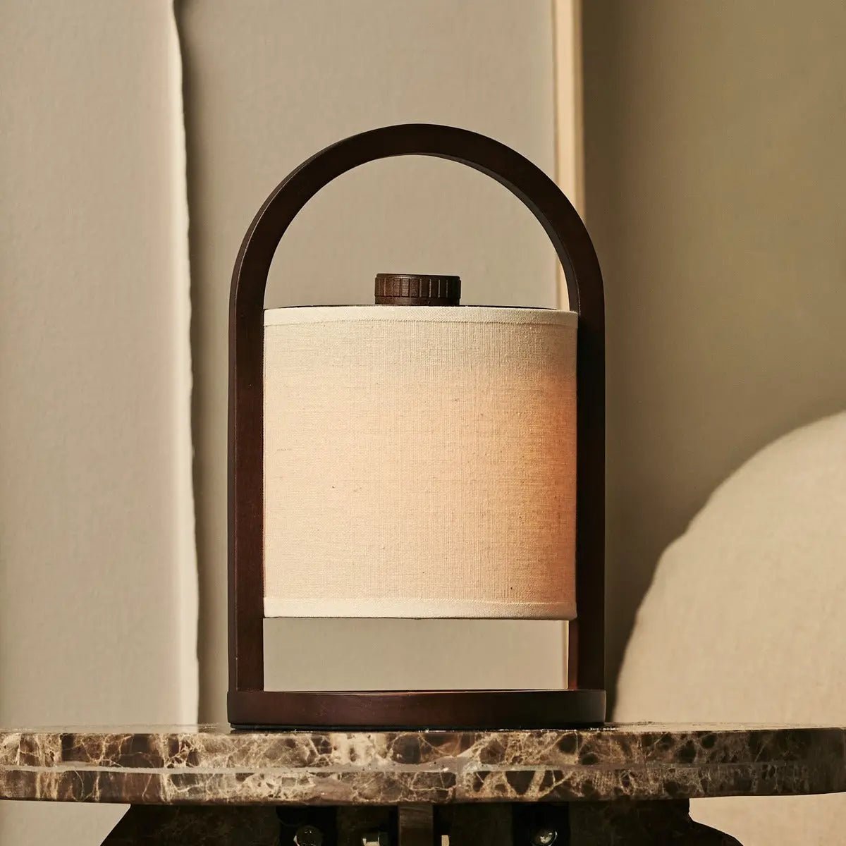Wooden Rechargeable Table Lamp - Dark Brown Linen Blend, 100-Hour Battery
