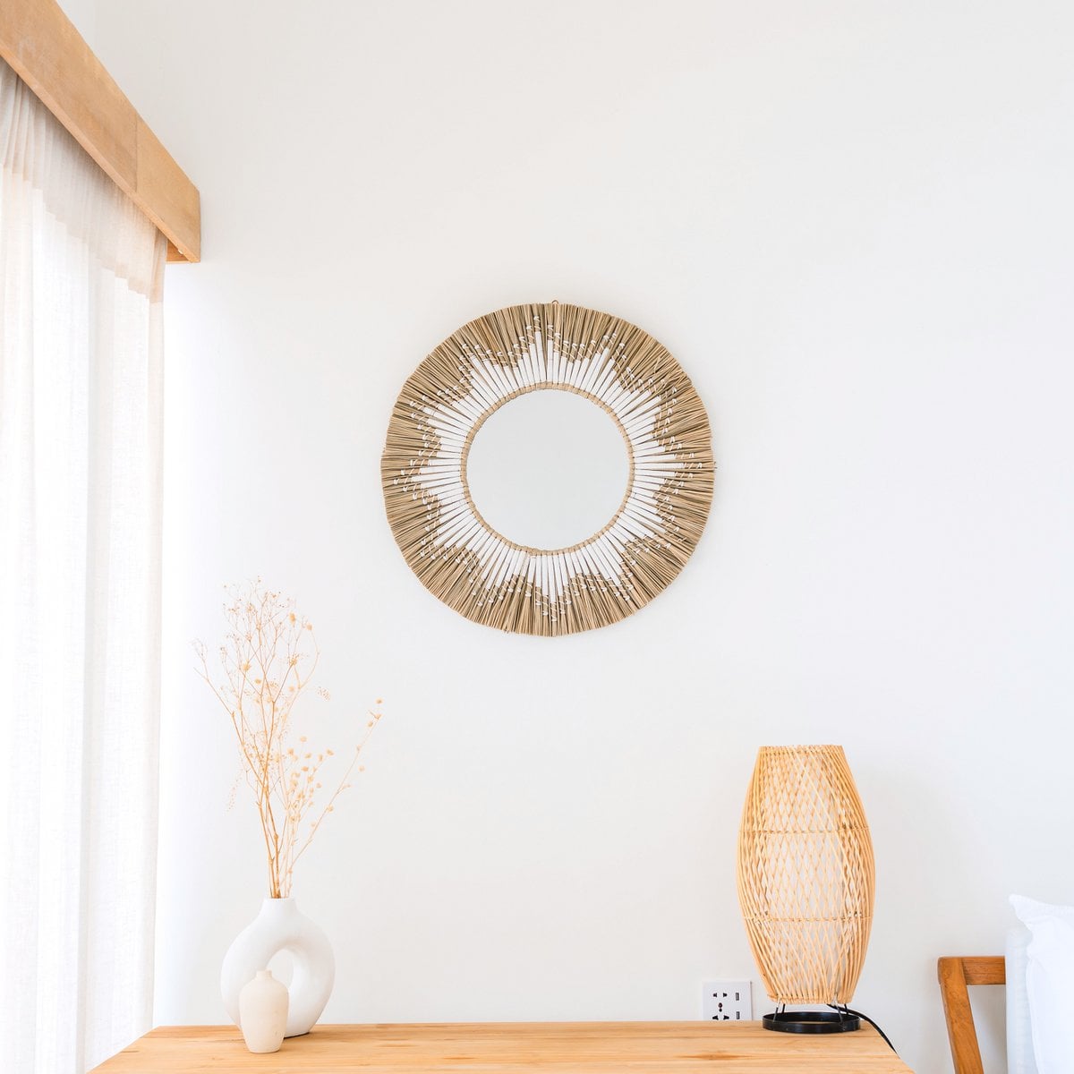 Seagrass Wall Mirror – Round Boho Mirror with Cotton Fringe, 60cm