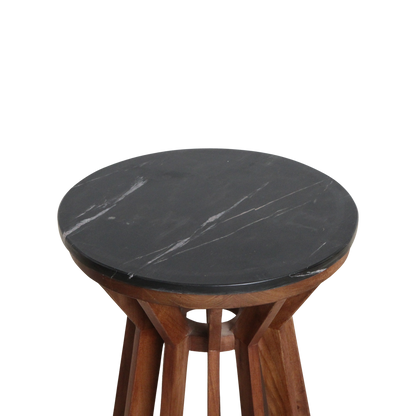 Marble Side Table - Black Mango Wood Accent Table, 40x40x50 cm