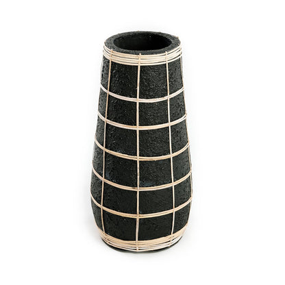 Terracotta Vase with Raffia - Black & Natural Decorative Vase - Large