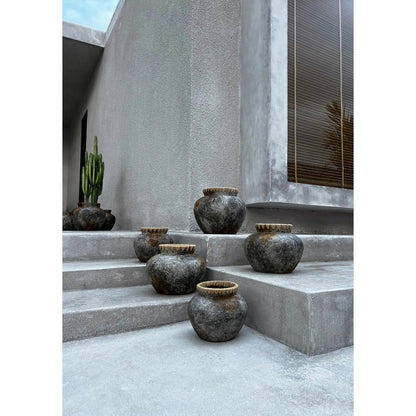 Terracotta Vase - Antique Grey Raffia Vase - Medium