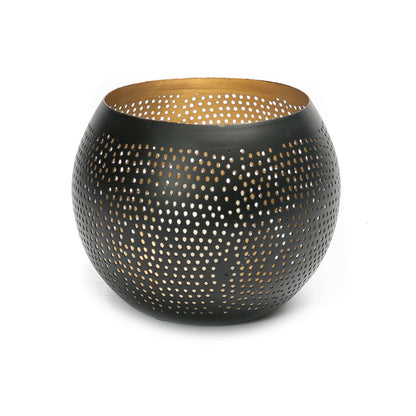Brass Tea Light Holder - Pierced Ball Design - Black Gold, Medium