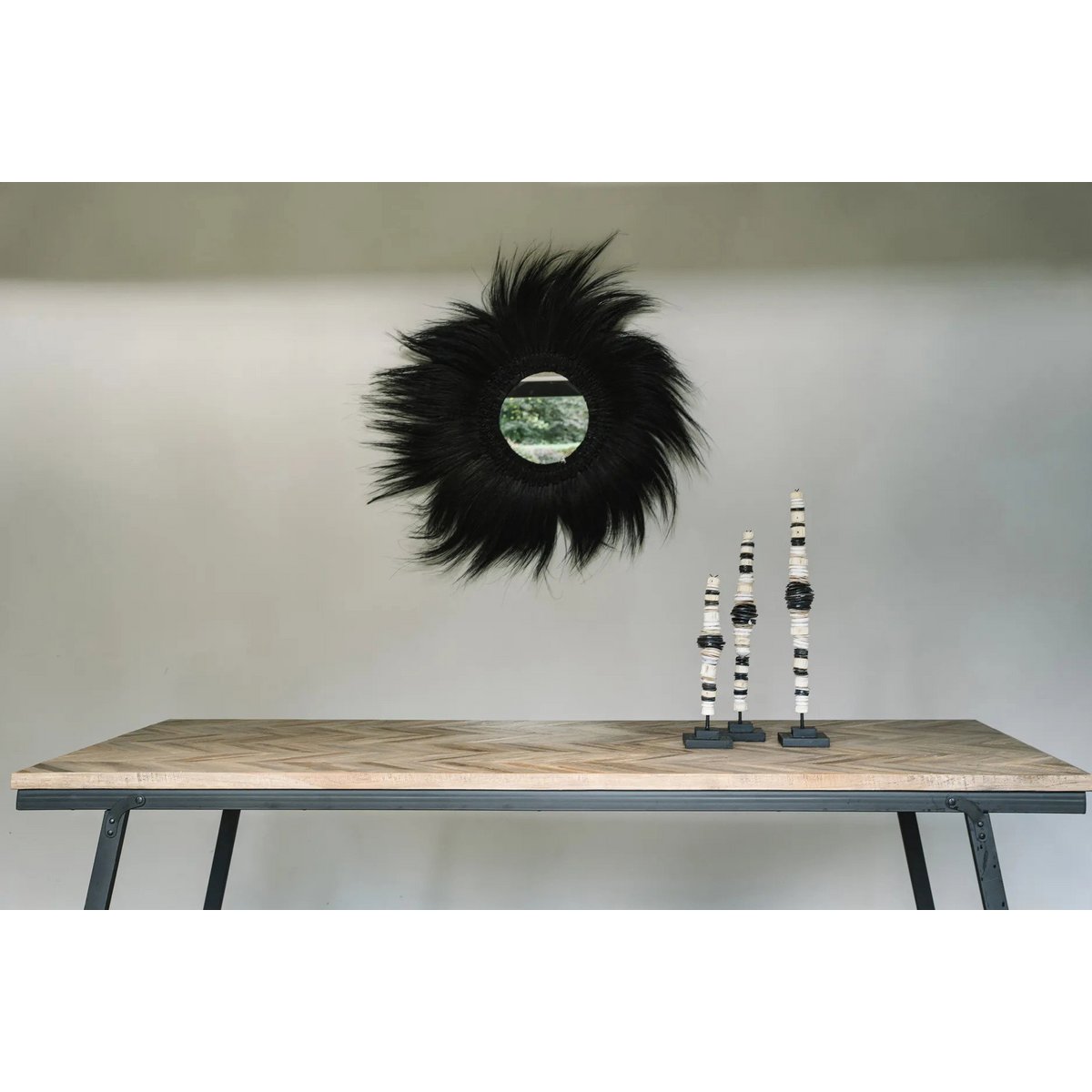 Black Simba Wall Mirror - Natural Grass Decor, Medium Size