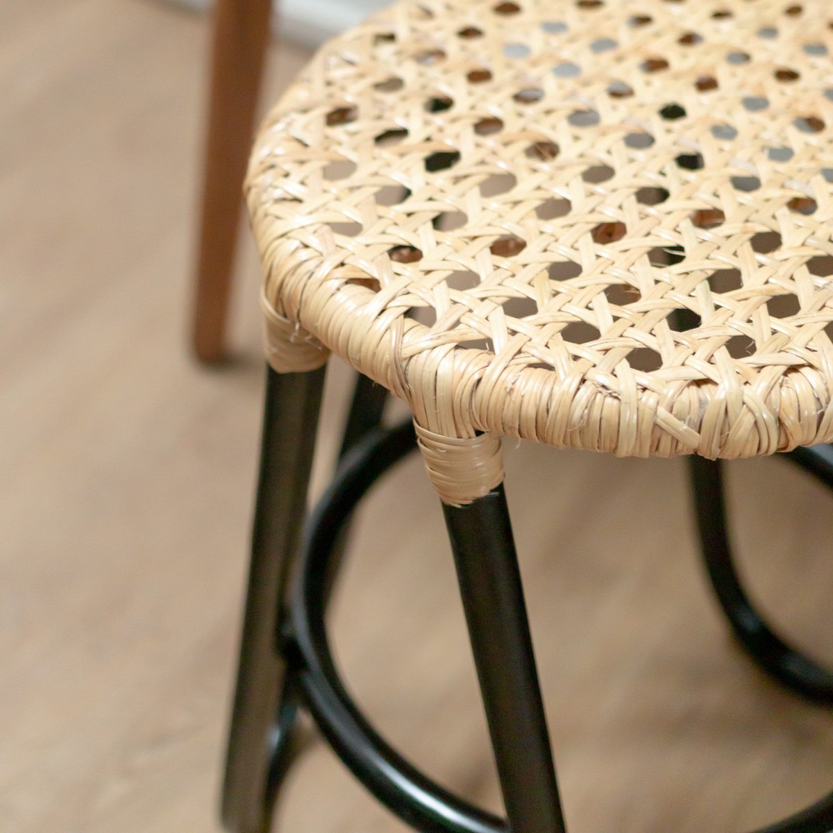 Rattan Stool with Woven Seat – Black Round Accent Stool, 35cm