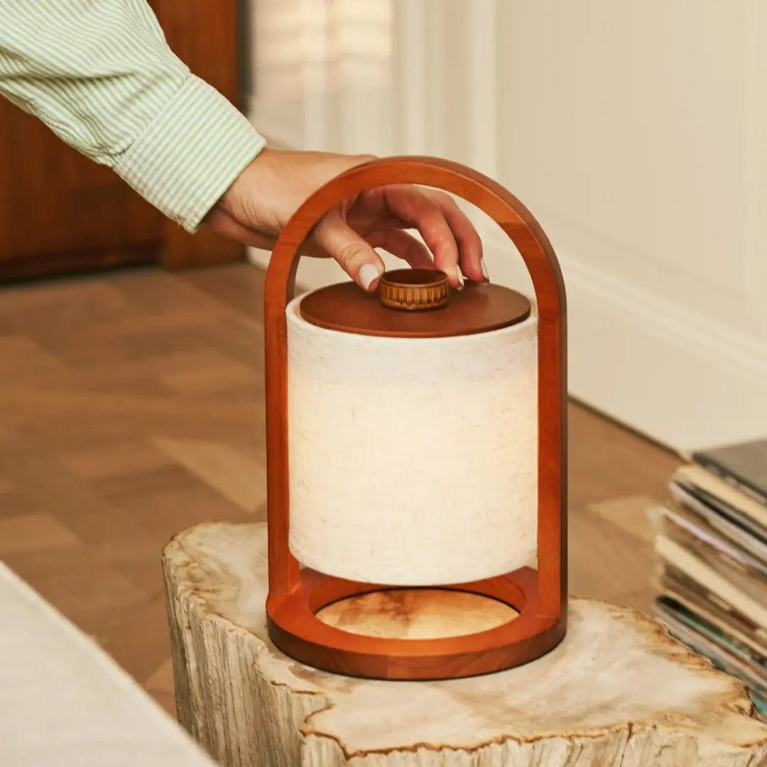 Wooden Rechargeable Table Lamp - Chestnut Brown Linen Blend, 27cm